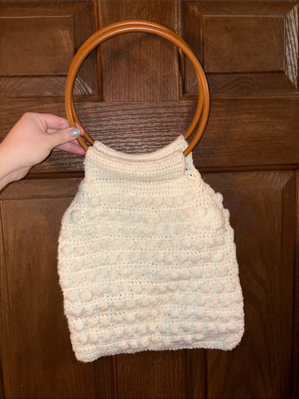 Cream Crochet Tote with Wooden Ring Handles
